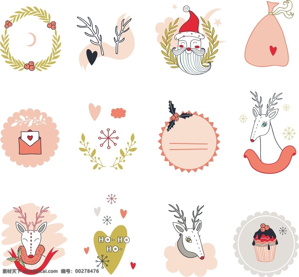 各种各样 圣诞 图样 装饰 矢量 圣诞老人 红色 麋鹿 爱心 蛋糕 圣诞帽 圣诞花
