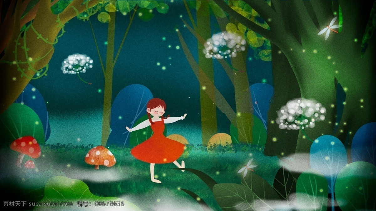 梦游 仙境 治愈 系 小女孩 梦幻 相遇 原创 插画 蘑菇 树林 梦游仙境 治愈系 奇幻