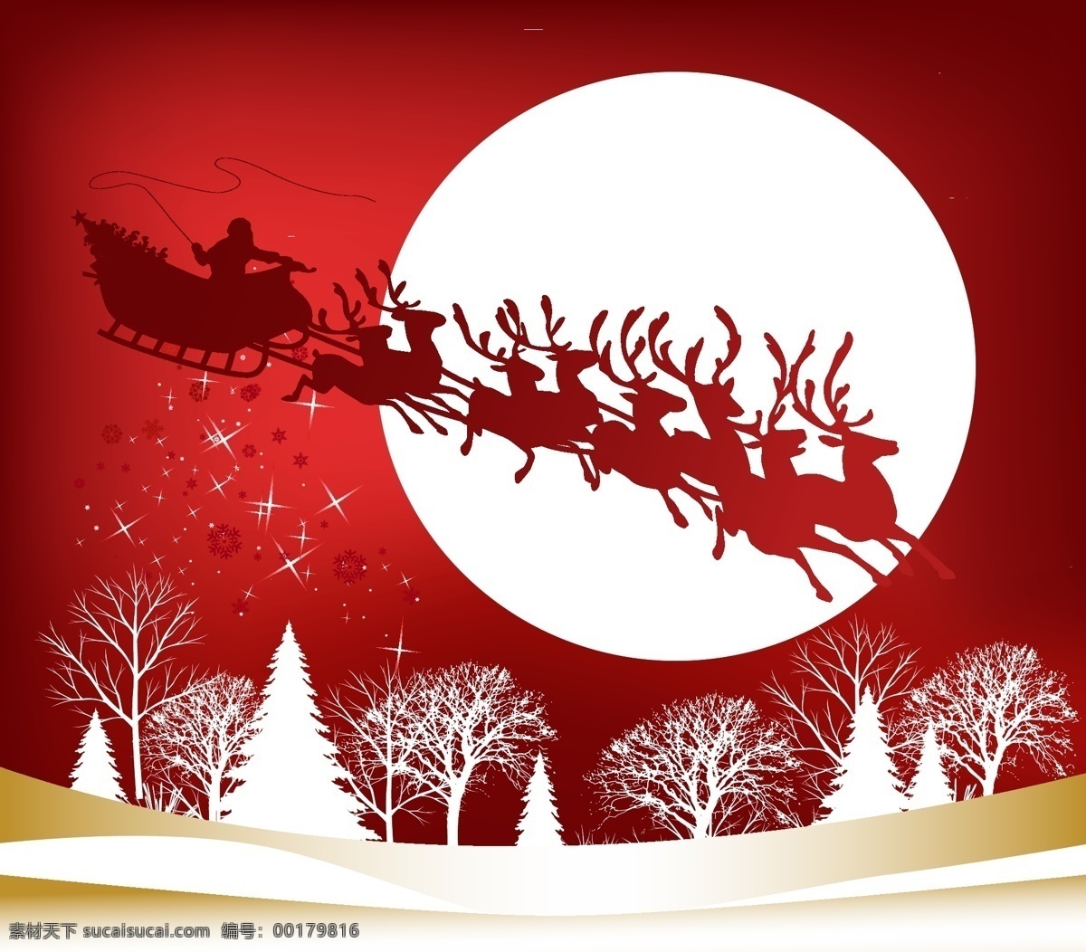 空中 飞过 圣诞老人 矢量 剪影 拉车 麋鹿 圣诞节 圣诞帽子 矢量素材 树木 雪花 雪景 雪橇 雪人 月亮 肥牛牛 矢量图 其他矢量图
