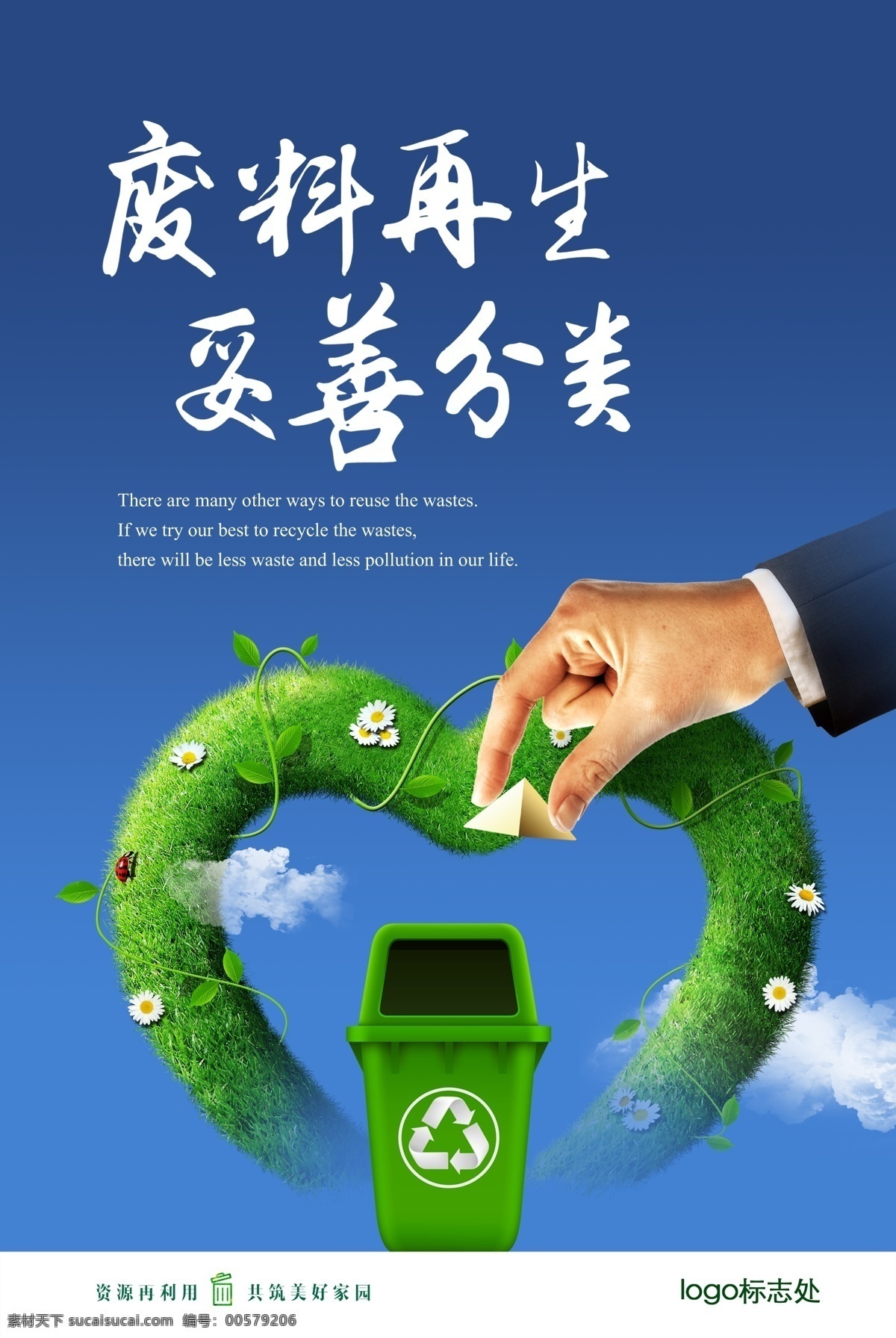 废料 再生 妥善 分类 绿色 心形 手 垃圾桶 蓝天 白云 企业环保展板 企业形象 宣传 用品 展板模板