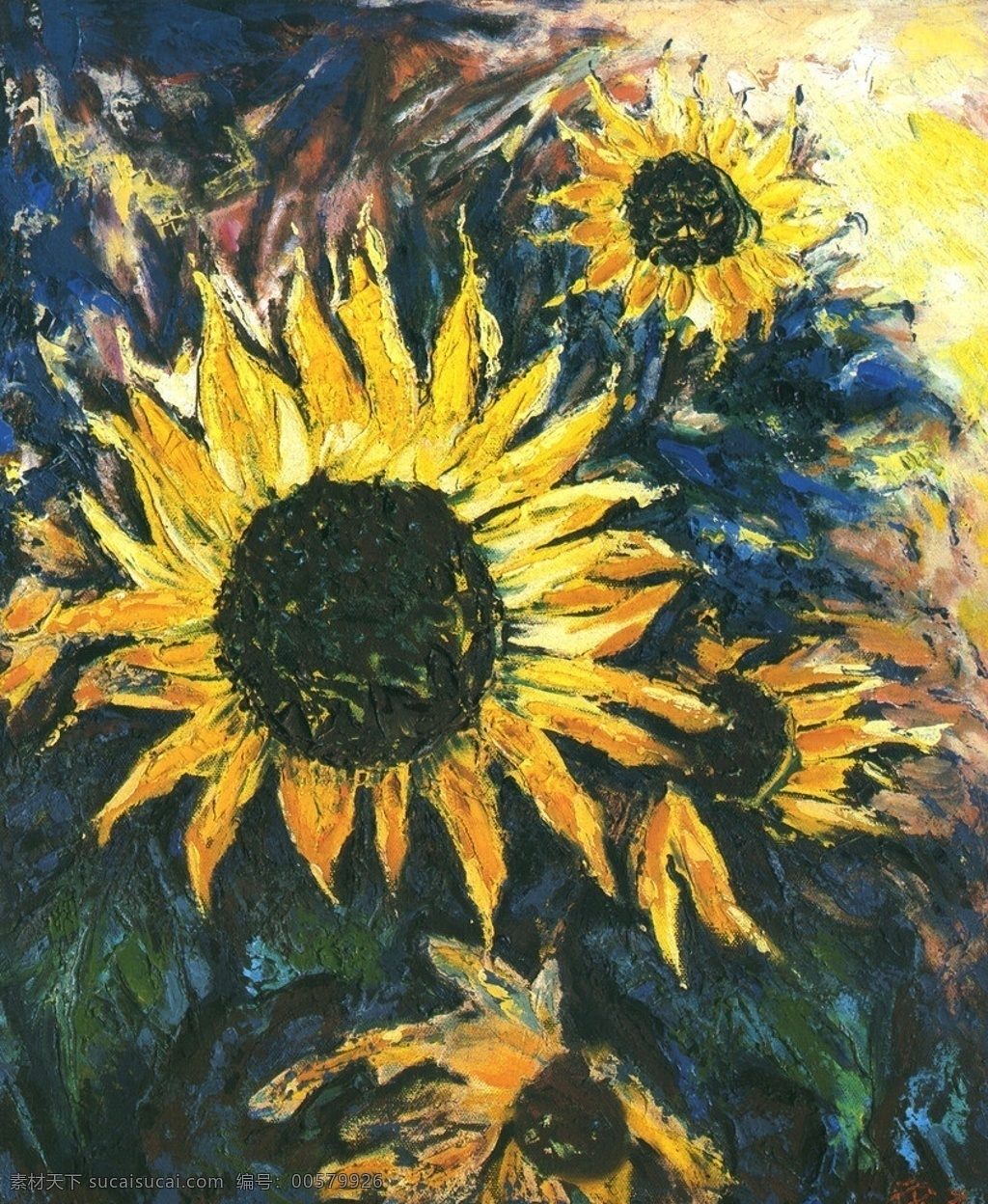油画设计 油画 向日葵 花 花朵 绿叶 黄色的花 黄色向日葵 唯美桌面壁纸 广告设计素材 绘画书法 文化艺术