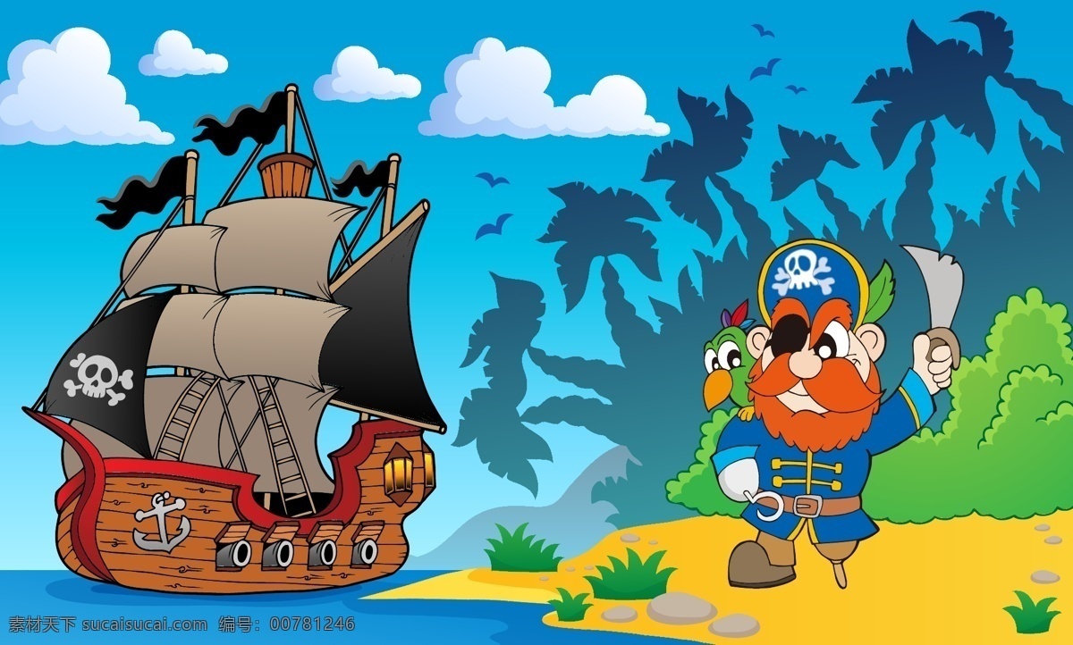 海盗壁纸 海盗 海盗船 沙滩 卡通 手绘 椰树 矢量素材 鹦鹉 独眼海盗 蓝天 白云