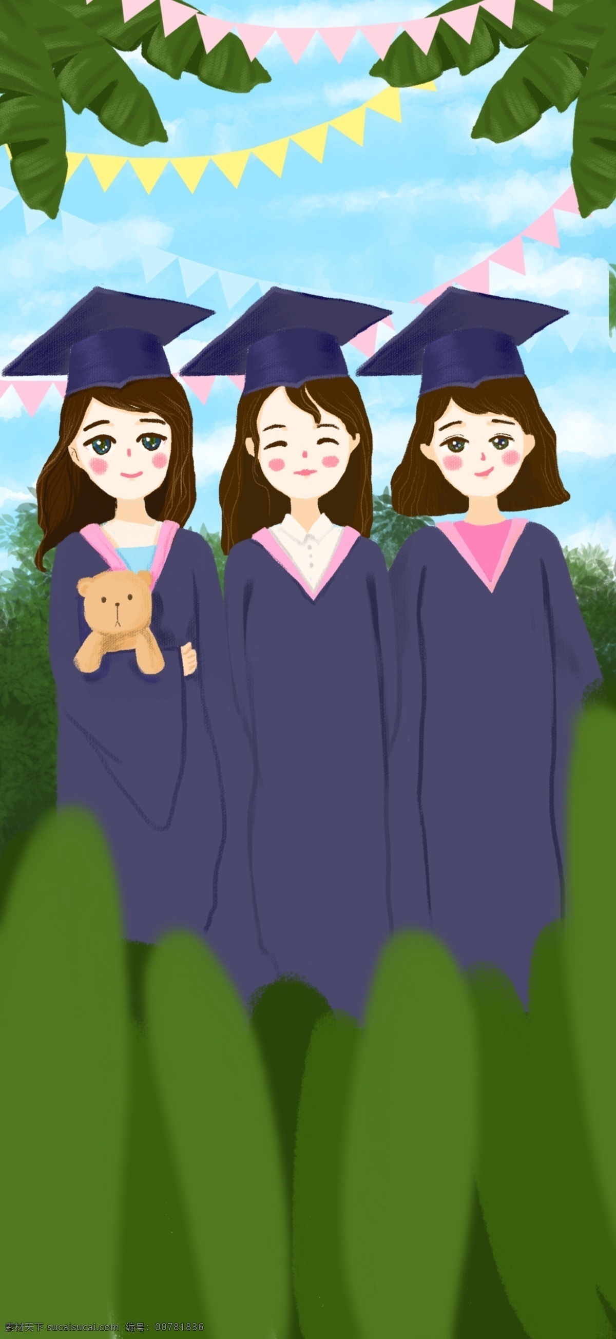 毕业 季 手绘 插画 毕业季 少女 派对 校园风 毕业照 学士服 合照