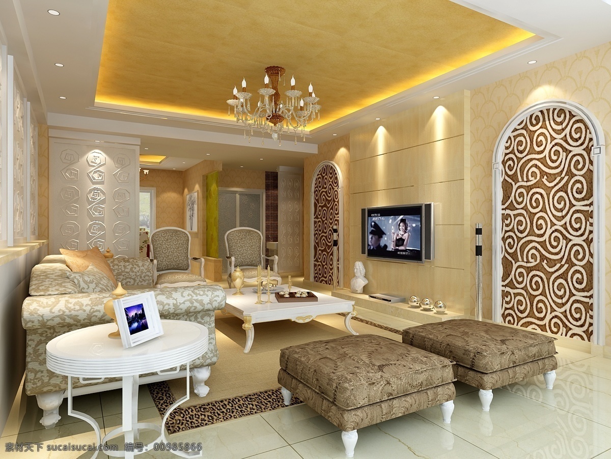 欧式客厅模型 灯具模型 客厅装饰 沙发茶几 室内设计 现代客厅 max 黄色