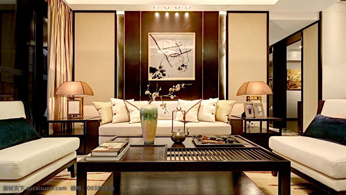 美式 客厅 方形 木质 茶几 装修 效果图 白色射灯 壁画 灰色窗帘 灰色墙壁 浅色地板砖