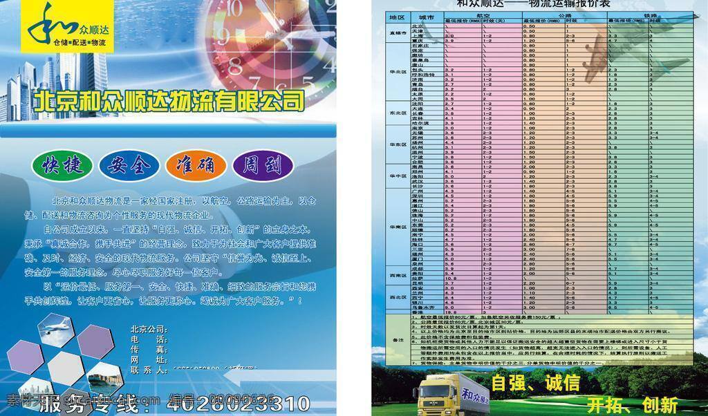 物流 快递 公司 宣传单 飞机 合作 货车 价目表 时钟 握手 矢量