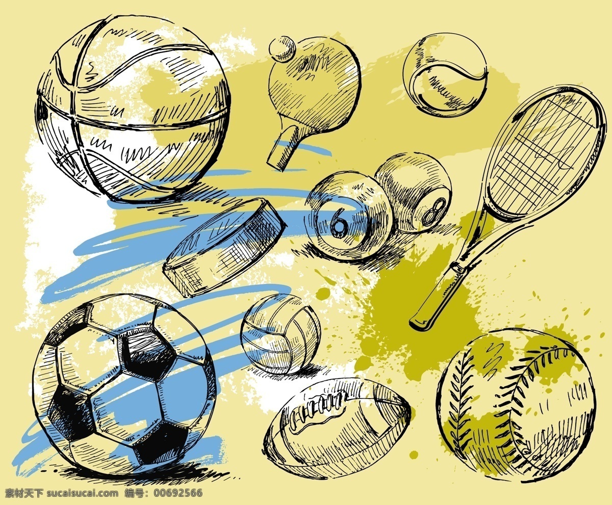 手绘球具设计 手绘网球 手绘篮球 手绘足球 手绘橄榄球 保龄球 排球 乒乓球 文化艺术 体育运动