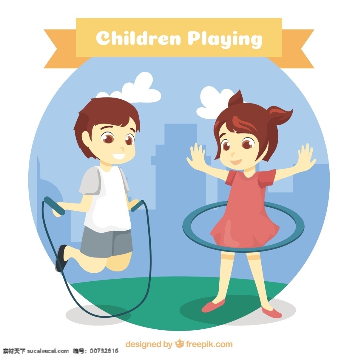 儿童 玩耍 圆形 背景 色彩 人 平 多彩的背景 绳子 圆 平面设计 人物 跳跃 娱乐 场景 背景色