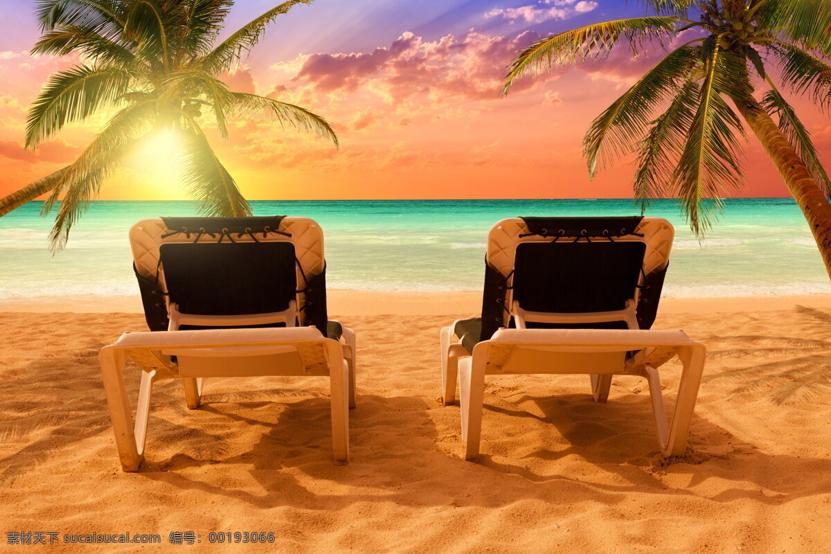 黄昏沙滩风景 黄昏 沙滩 椅子 靠椅 沙滩椅 海滩 椰子树 热带植物 热带 海岸 大海 日落 落日 余晖 云彩 天空 黄昏云 海边风光 风景图 自然景观 自然风景