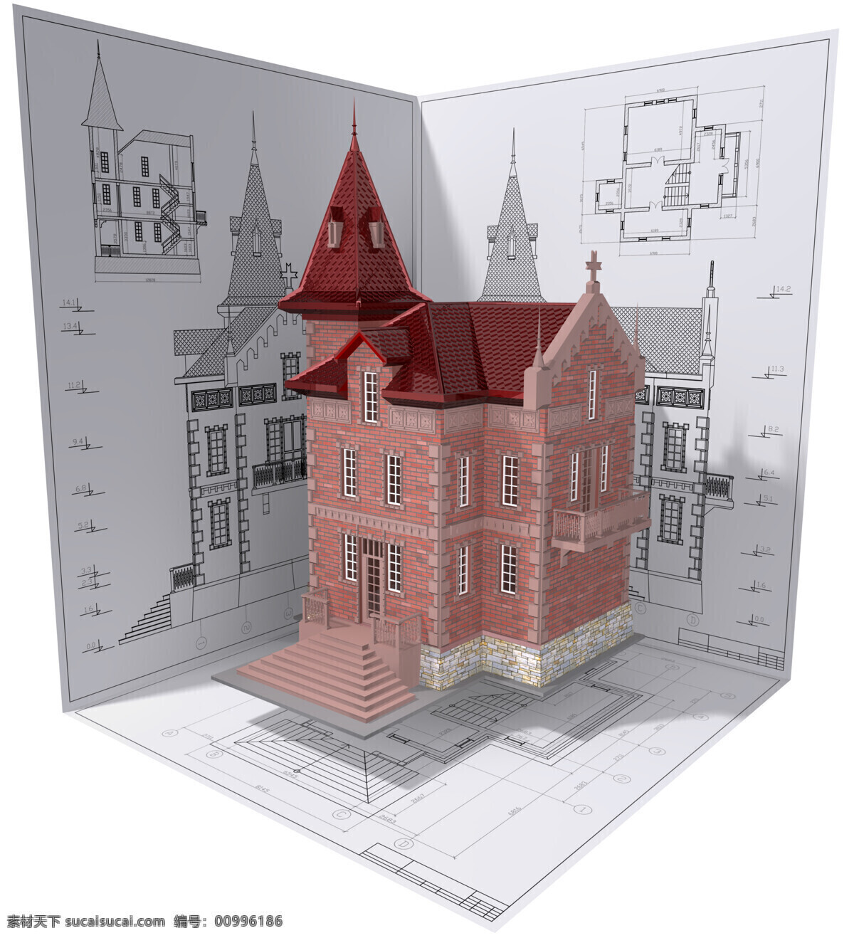 红色 别墅 模型 楼房 房子 建筑 图纸 设计图 建筑设计 环境家居 白色