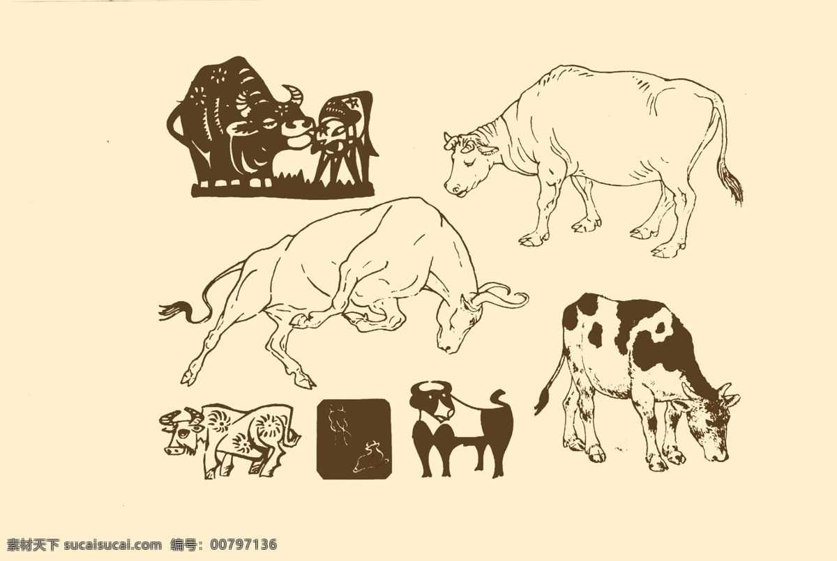 动物图案 牛 卡通 动物 纹样 图案 白描 简笔画 儿童画 分层 源文件