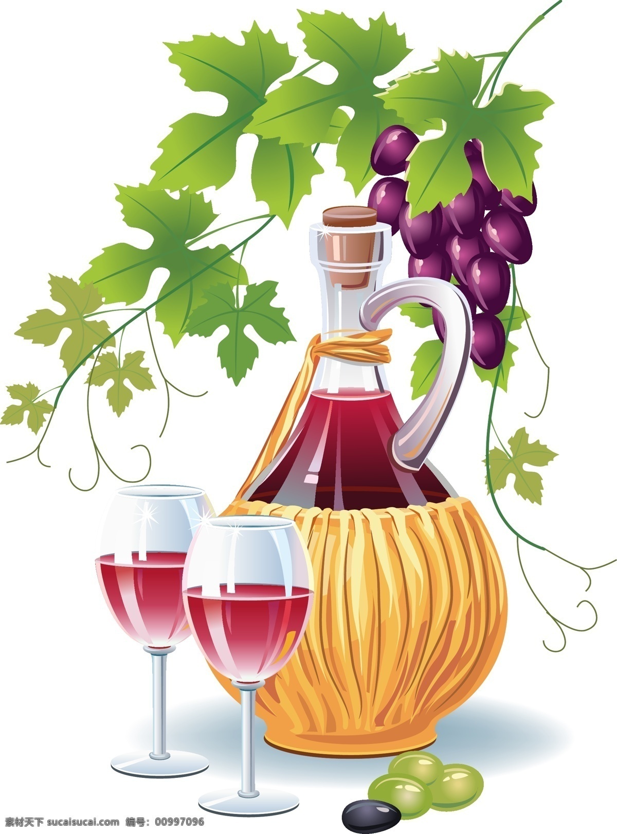 矢量 橄榄 酒 插图 绘画 酒杯 瓶子 色彩 水果 叶子 植物 矢量图 其他矢量图