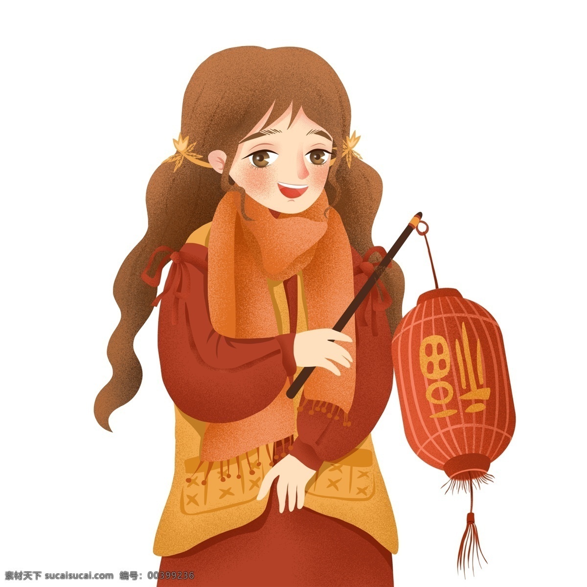 喜庆 过年 提 灯笼 女孩 清新 春节 手绘 新年 2019年 猪年元素