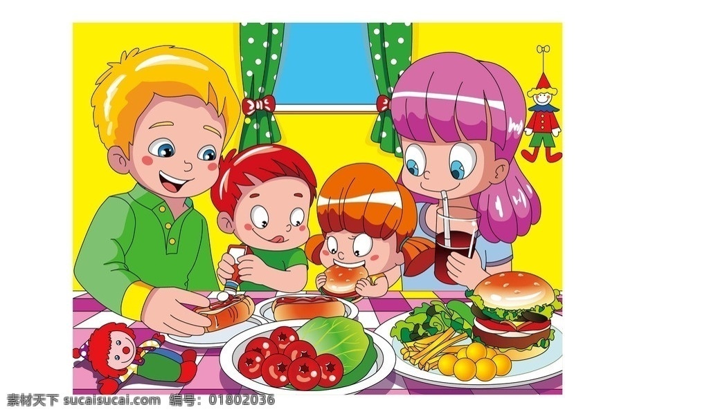 卡通 人物 矢量 男孩 女孩 小丑 吃饭 汉堡 菜 饮料 水果 窗户 鸡蛋 儿童幼儿 矢量人物