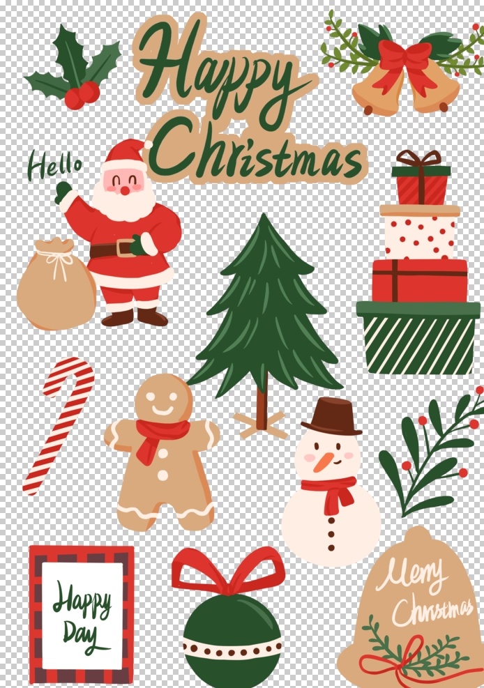 圣诞节 贴纸 复古 卡通 圣诞节快乐 logo 圣诞树 姜饼人 图标 圣诞 拐杖 拐棍 礼物 铃铛 雪人老人