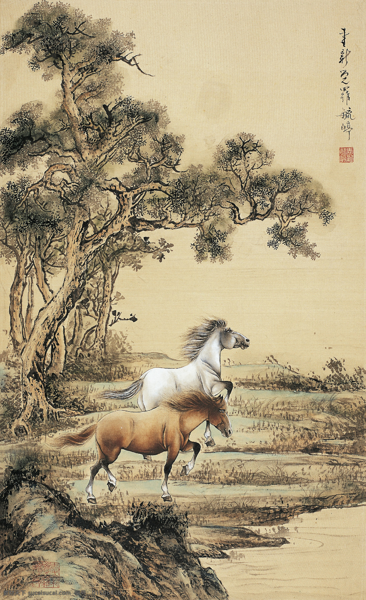 双骏图 美术 中国画 动物画 野溪 骏马 白马 红马 松树 国画艺术 国画集90 绘画书法 文化艺术