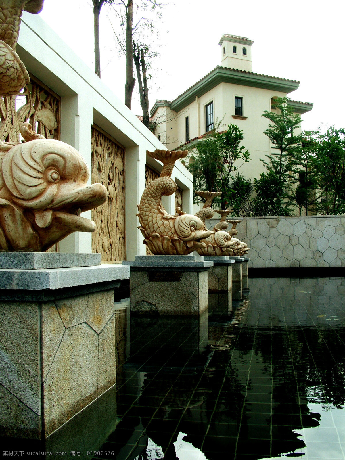 欧式 建筑 欧式建筑 喷泉 树
