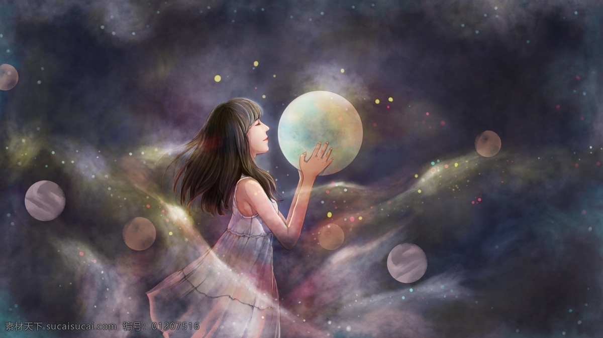原创 治愈 系 插画 梦幻 女孩 星空 月亮 小清新 壁纸 治愈系插画 星球