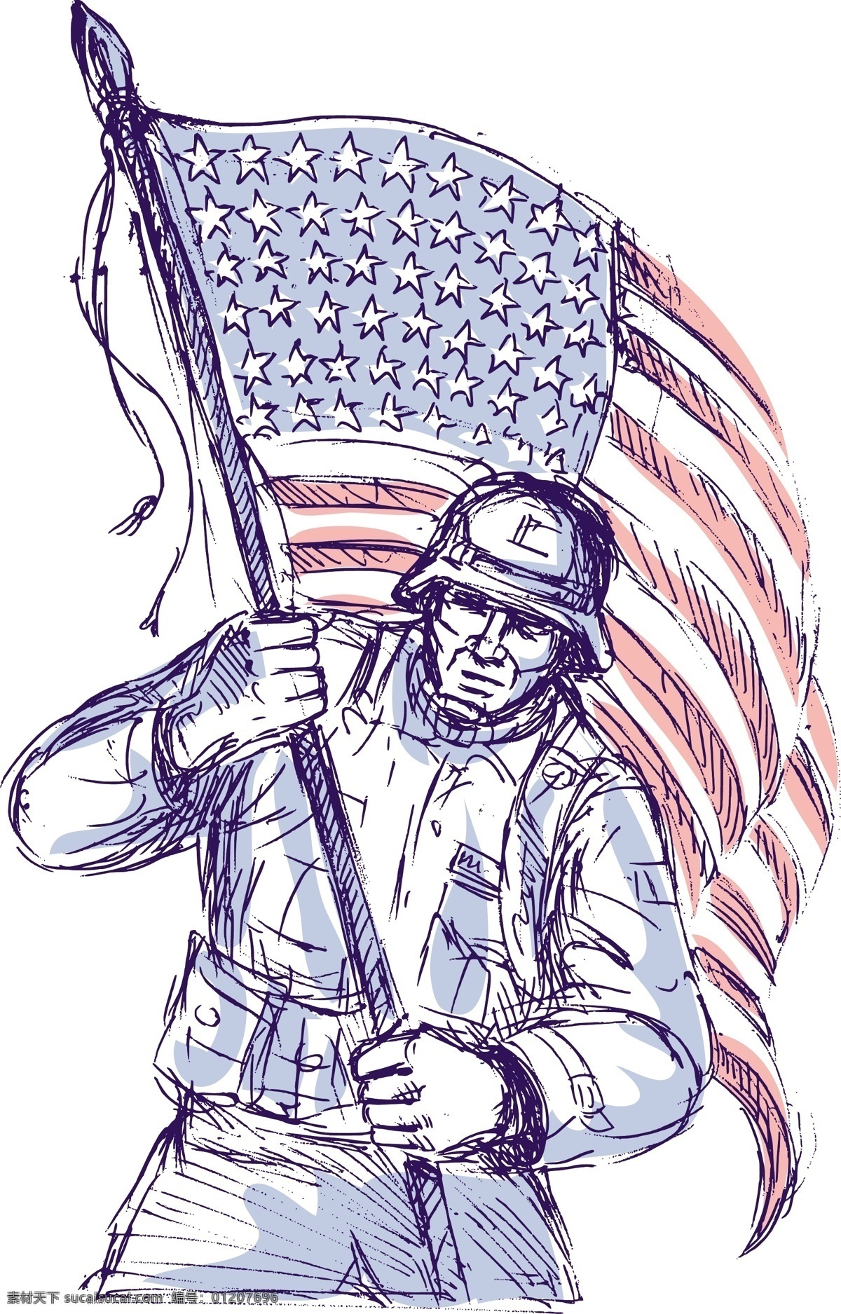 美国 士兵 携带 国旗 矢量图 其他矢量图