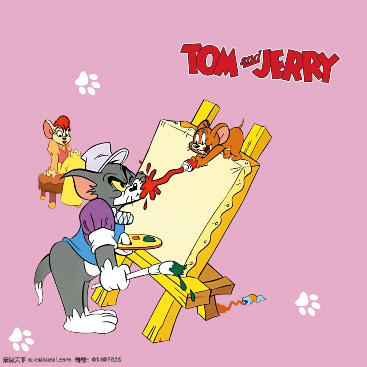 画画 猫和老鼠 粉红色背景 汤姆 杰瑞 猫爪印 颜料 画板 卡通 海报