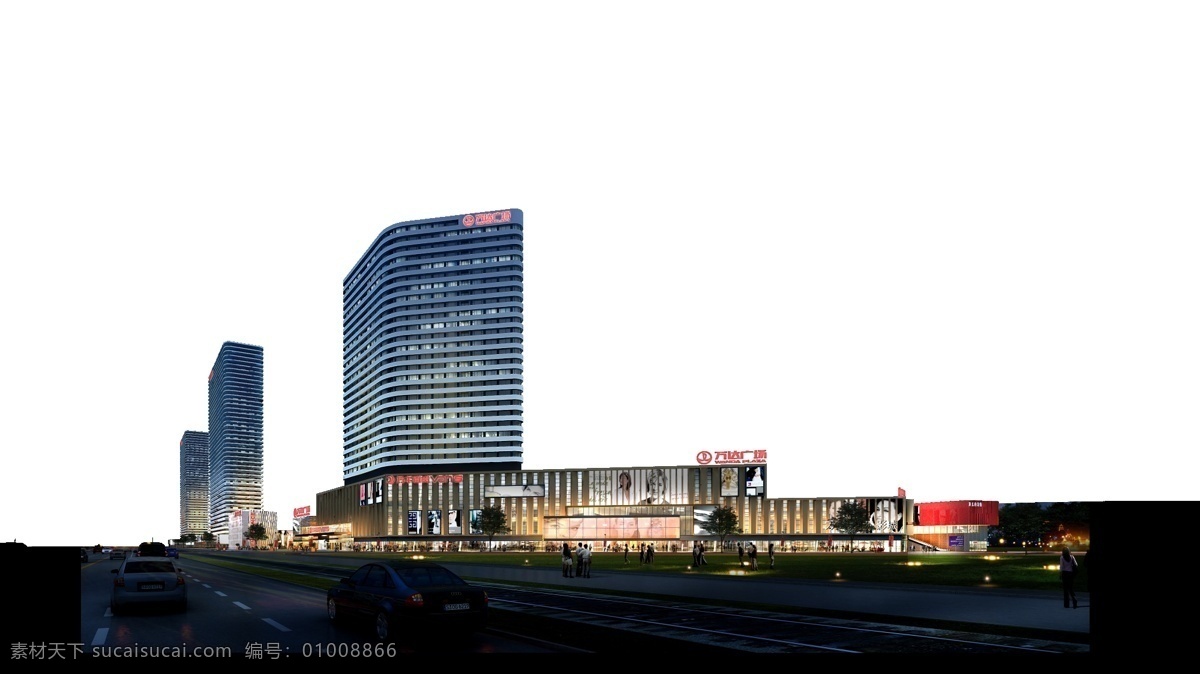 建筑 远景效果图 百货 商场 商城 商业 商住 繁华 高端 商务 写字楼 办公 楼 沿街 大道旁 超商 超市 效果 室外 远景 远观 夜景 夜晚 内透光 招牌 车辆 车流 马路 公路 行人 万达广场 草坪 草地 建筑效果图 建筑设计 环境设计 源文件