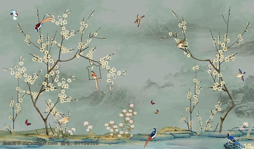 手绘 花鸟 新 中式 背景 墙 花鸟画 工笔画 国画 中国风 背景墙 壁纸 壁画 墙纸 客厅 电视 沙发 形象墙 装饰画 环境设计 其他设计