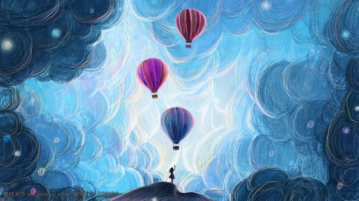 原创 线圈 治愈 系 插画 天空 热气球 云层 治愈系 蓝色 壁纸 线圈插画