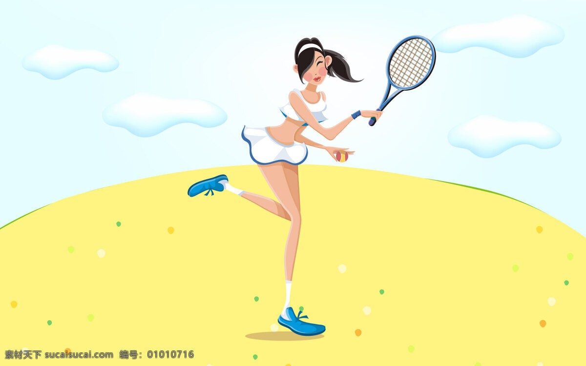打球女孩 云朵 网球 黄色