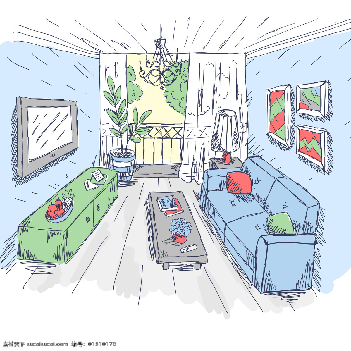 室内装修 素描画 卡通画 手绘 室内 家庭 沙发 茶几 电视 壁画 设计之家 动漫动画 风景漫画