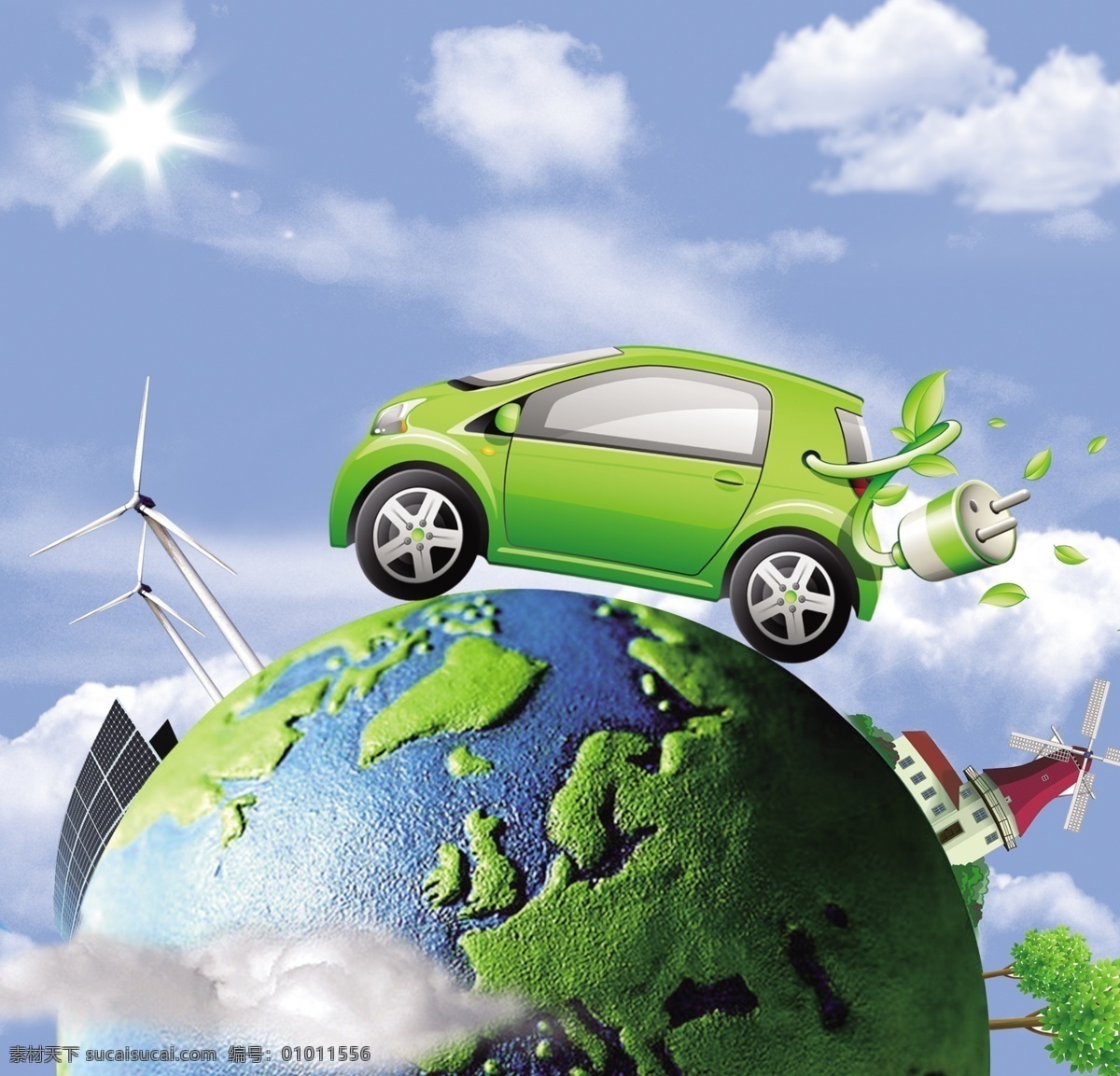 为新能源汽车 绿色 环保 汽车 新能源 地球 风车 绿树 广告设计模板 源文件