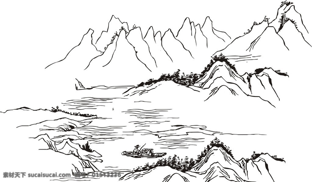 山水画 山水 山峰 山 群山 山河 山川 名山大川 河流 小溪 水墨画 简笔画 矢量图 峰峦 松树 图案 自然景观 自然风光