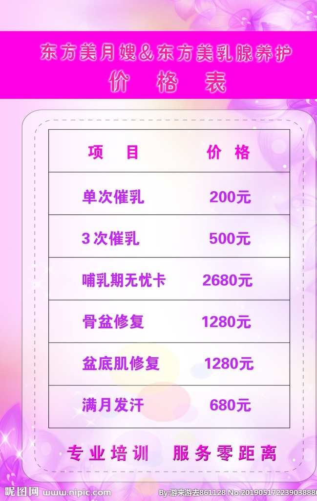 价格表 明细表 产后恢复 女人保养 美容院 小儿推拿 美容 月搜 盆骨修复 乳腺疏通 满月发汗 教育培训 分层