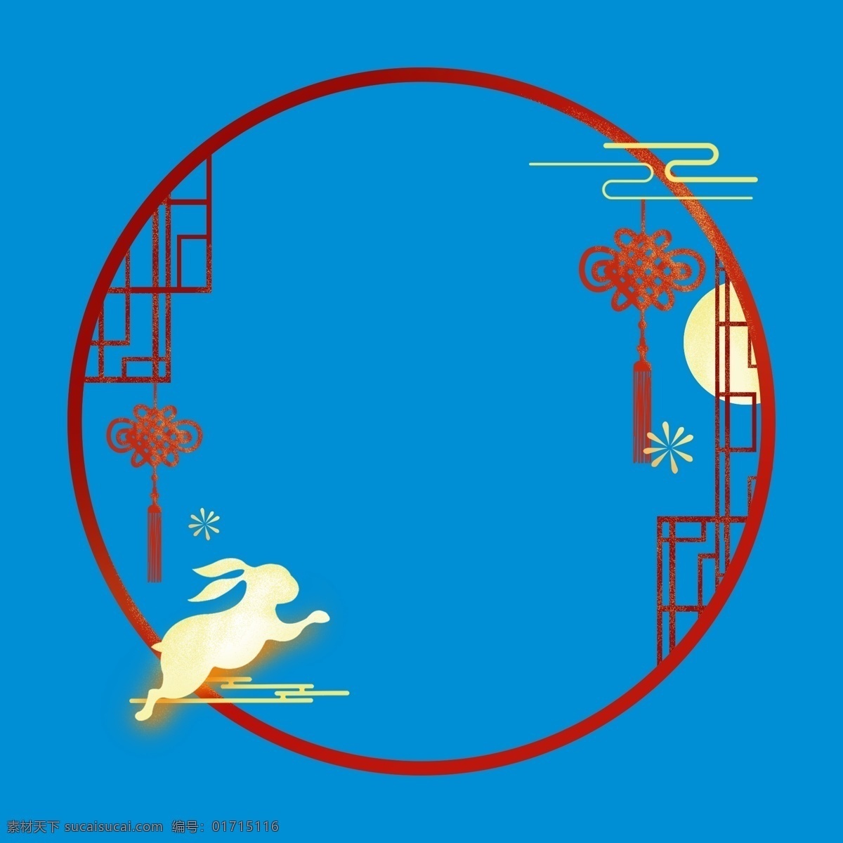 手绘 中国 节 边框 中国节 玉兔 灯笼 月亮