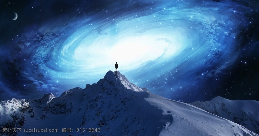 站在高山之巅 宇宙 旋转的星空 雪山 科幻