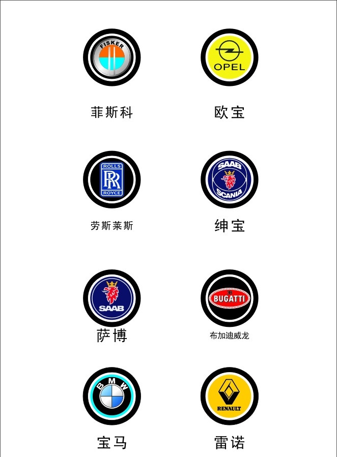 标志 汽车 logo 汽车标志 汽车logo 欧宝 雷诺 布加迪威龙 绅宝 萨博 菲斯柯 劳斯莱斯 企业 标识标志图标 矢量