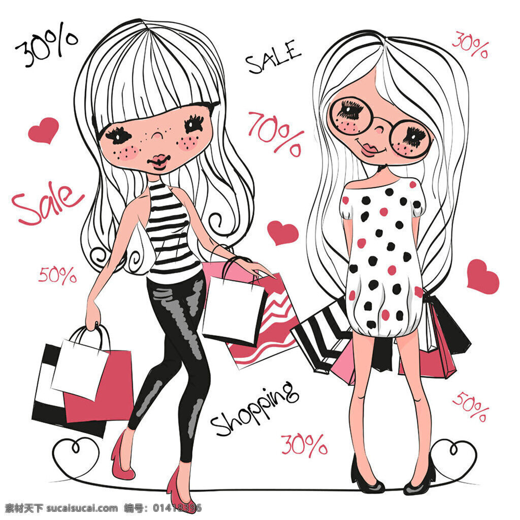 双手 提 购 袋 两个 女孩 双手提包 购物袋 购物 时尚 美女 女人 矢量 购物的女人 长发女人 手提袋