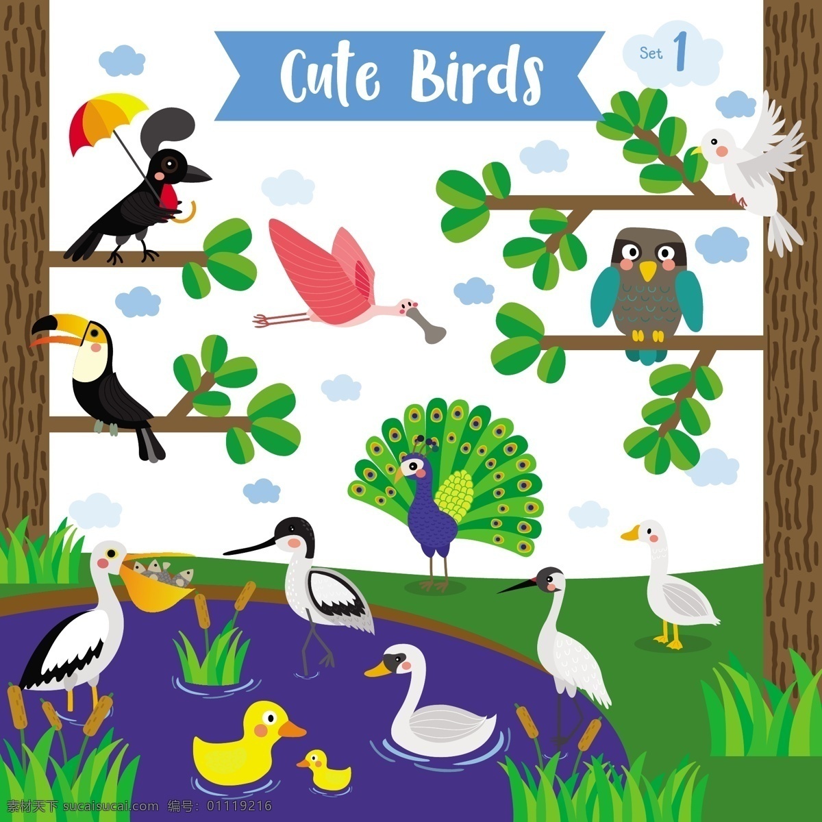 动物 卡通 可爱 鸟儿 森林 附近 池塘 背景 鸭子 鸽子 孔雀 天鹅 猫头鹰 鹅 巨嘴鸟 起重机 鹈鹕 矢量插图