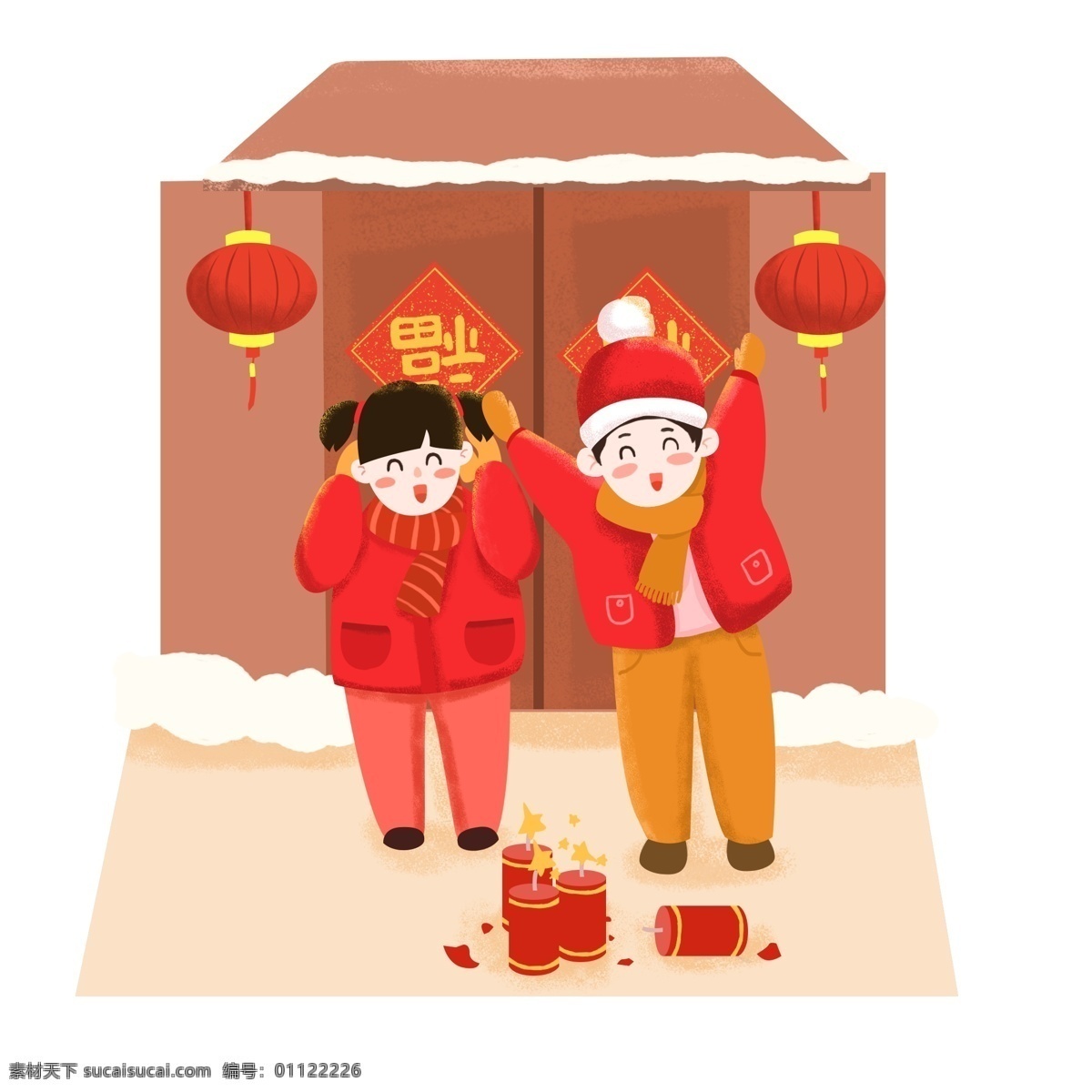 新年 2019 年 孩子 欢呼 放 鞭炮 灯笼 喜庆 古典 卡通人物 装饰 2019年 过年 吉祥 中国唐装 中国年 中国红 习俗 放炮 暖色