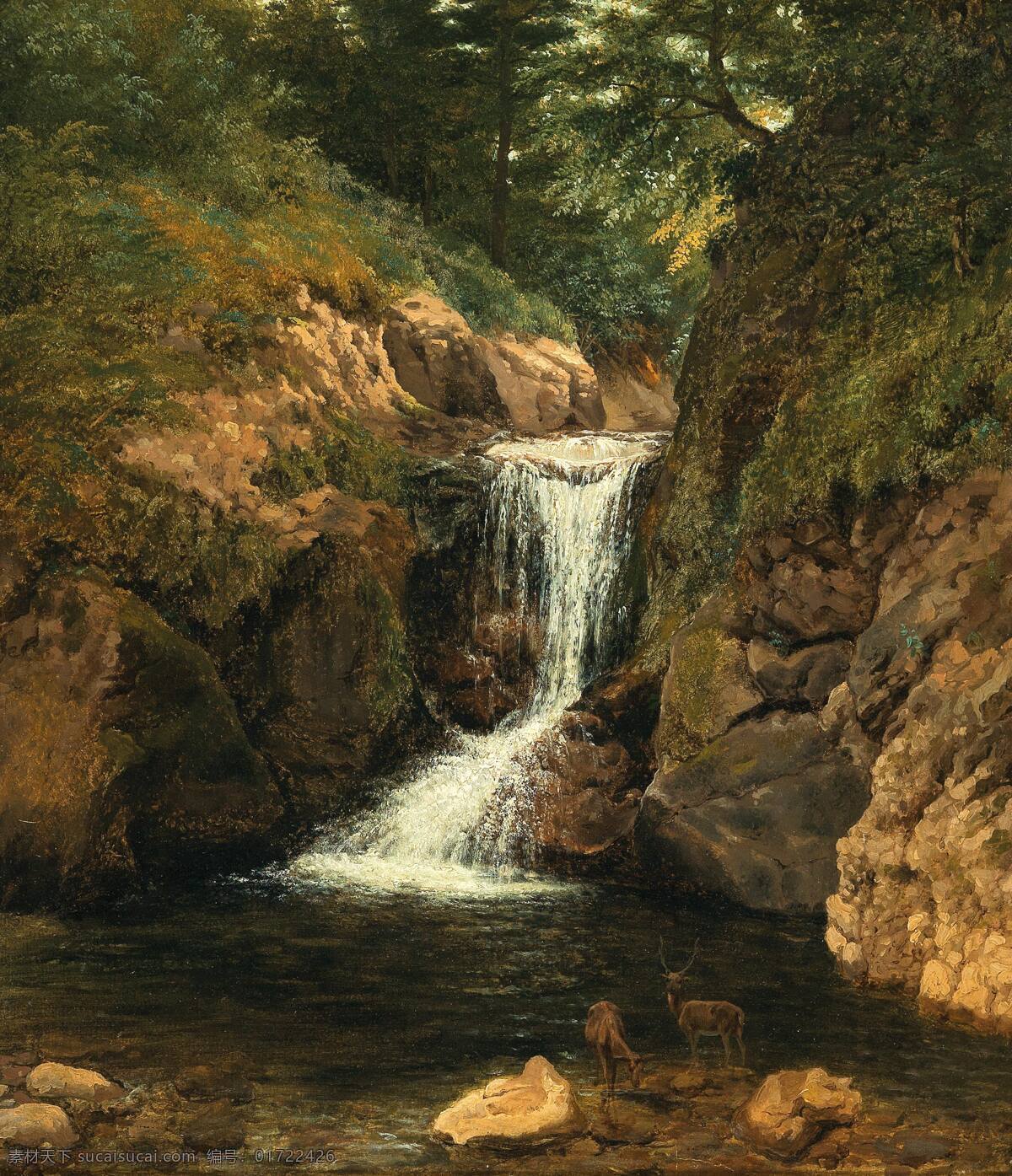 弗里德里希 戈尔曼 乌姆 克雷斯 奥地利画家 山间瀑布 溪水 自然景观 巨石 19世纪油画 油画 文化艺术 绘画书法