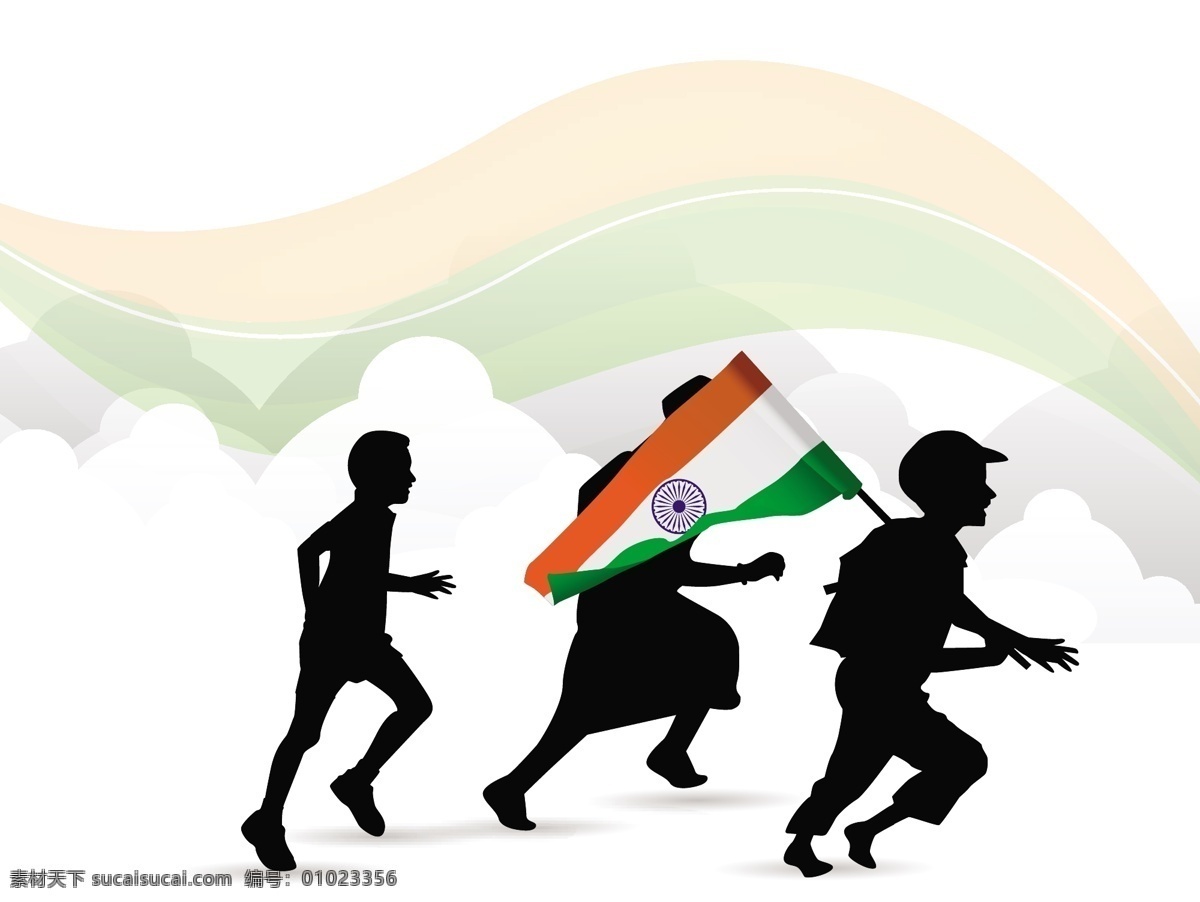 孩子 印度 挥舞 旗帜 背景 剪影 白色