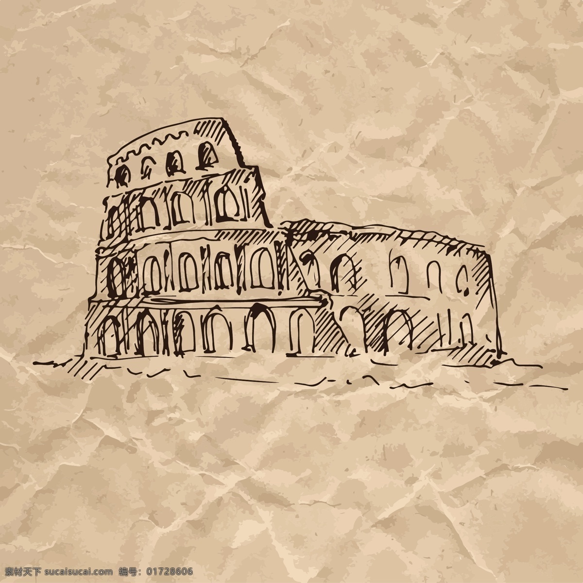 罗马 竞技场 褶皱 纸张 手绘 速写 欧洲 建筑 矢量 著名建筑 欧式 素描 广告 背景