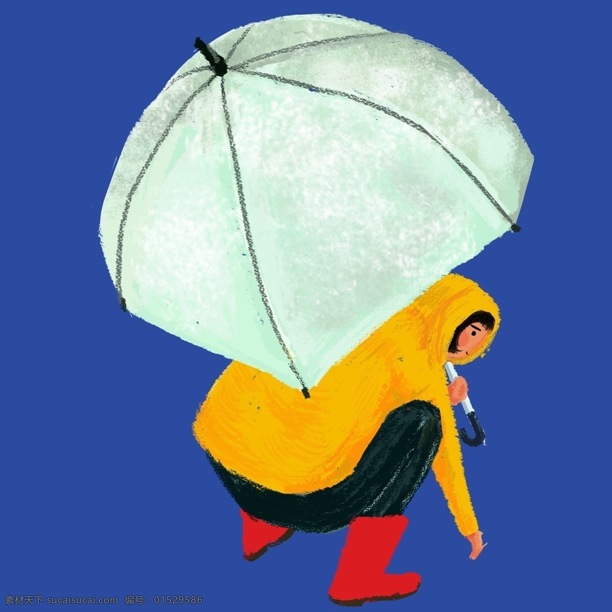 一个 蹲 撑 伞 人 蹲着 撑着伞 下雨天 撑着伞的人物 雨伞 二十四节气 下雨 雨水 中国传统节日 雨衣 雨鞋