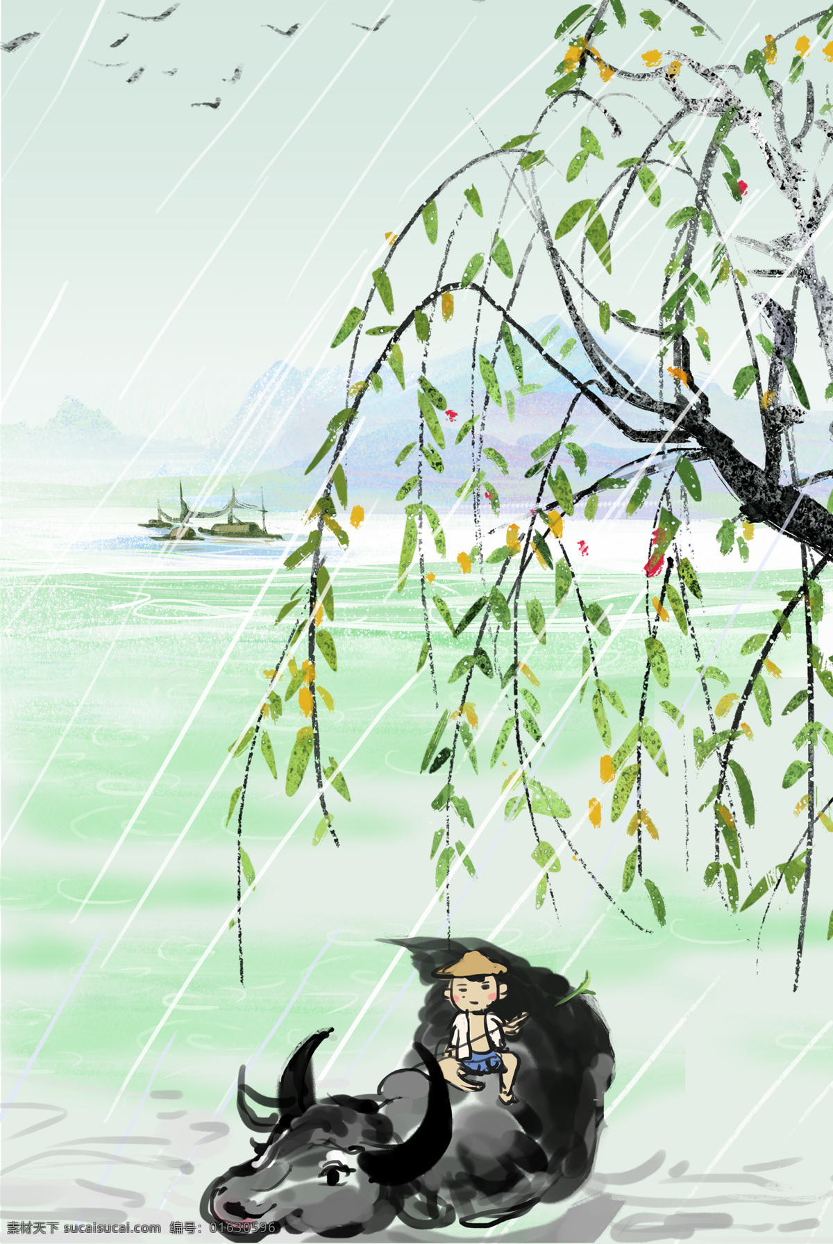 手绘 卡通 古典 水墨 清明节 背景 牛 柳树 孩童 小船 雨水 鸟儿