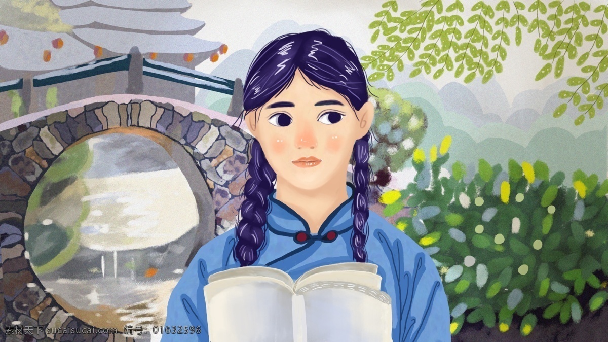 女孩 石桥 读书 民国 复古 风 插画 小河 古建筑 书 民国女学生