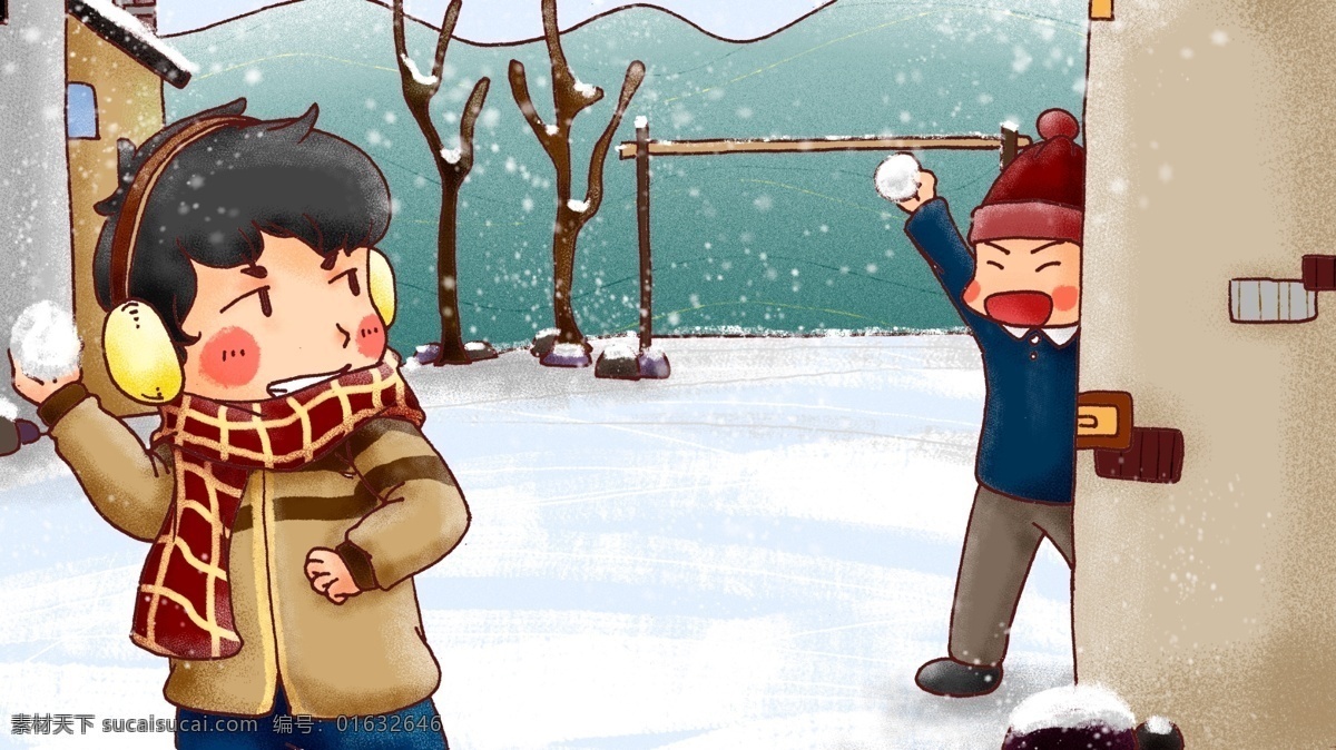 冬季 正在 打雪仗 两 小孩 小男孩 下雪 雪景 小清新 冬季印象 玩耍 小清新插画