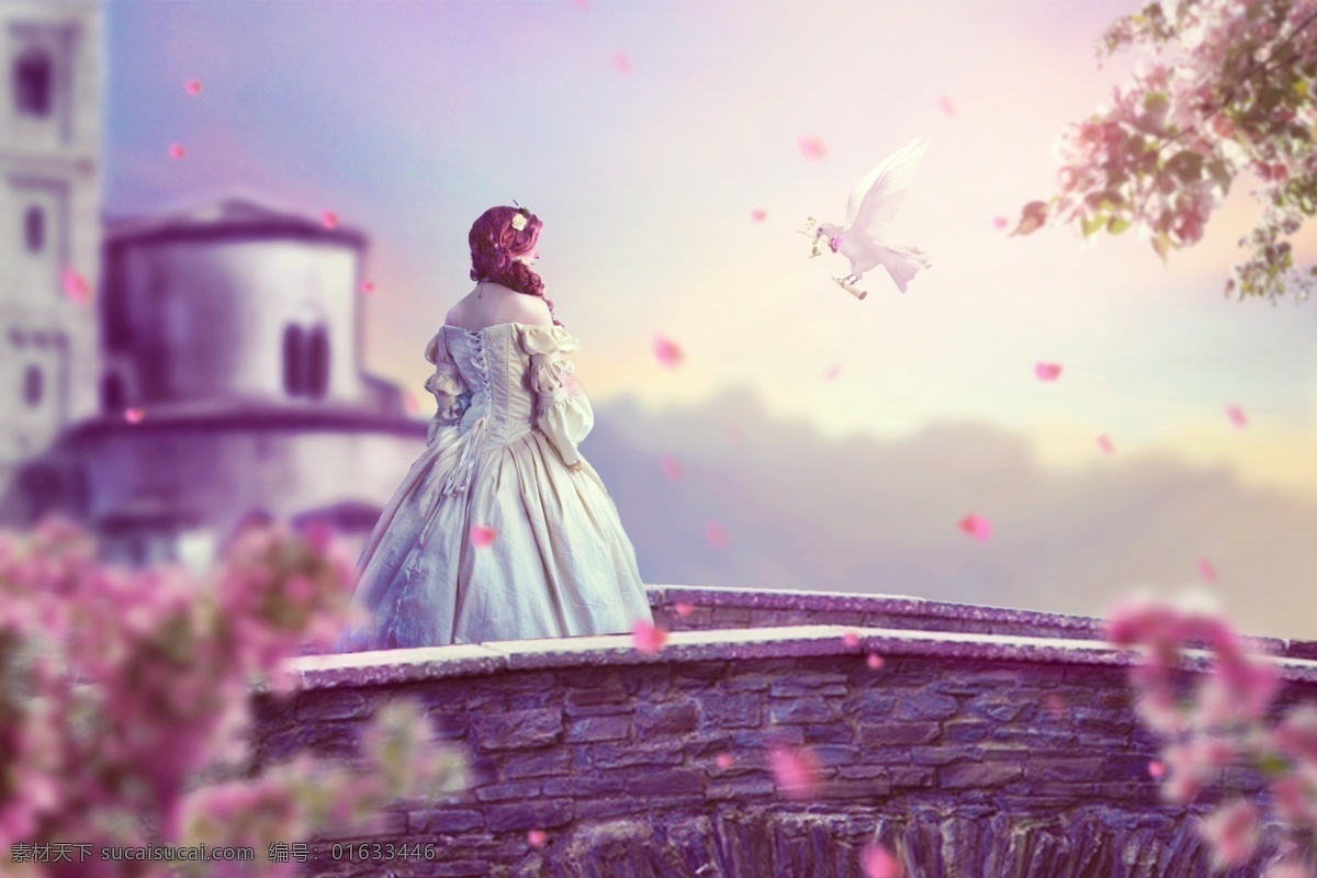 送信 鸽子 美女 梦幻 背景 女人 浪漫 海报 城堡 公主 唯美 石桥 花朵
