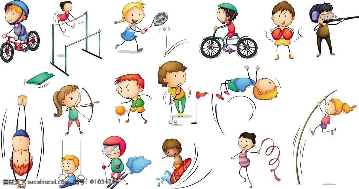 卡通 儿童 运动 矢量图 男孩 女孩 自行车 单车 调高 跳绳 射箭 滑雪 舞蹈 高尔夫 篮球 拳击