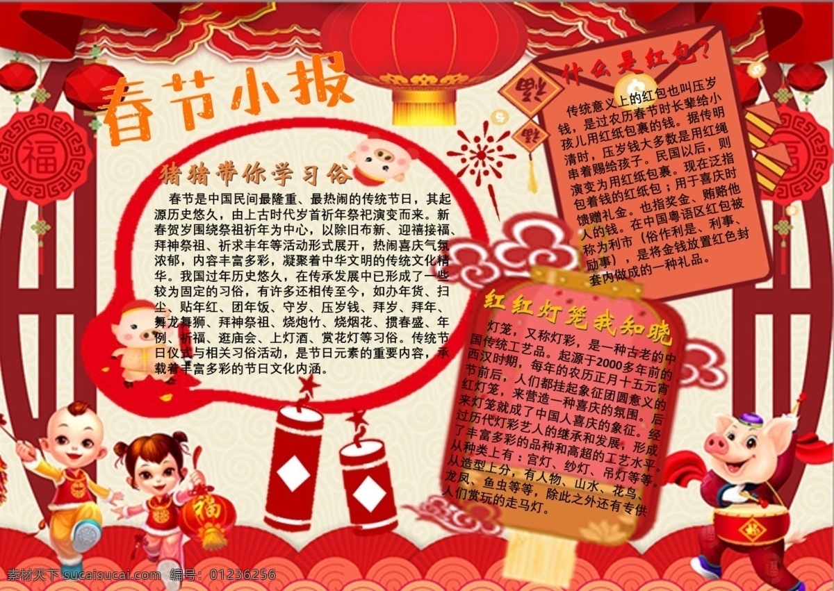 春节 小报 带 字 版 新年 猪年 过年 中国风 新年红 原创 分层 背景素材