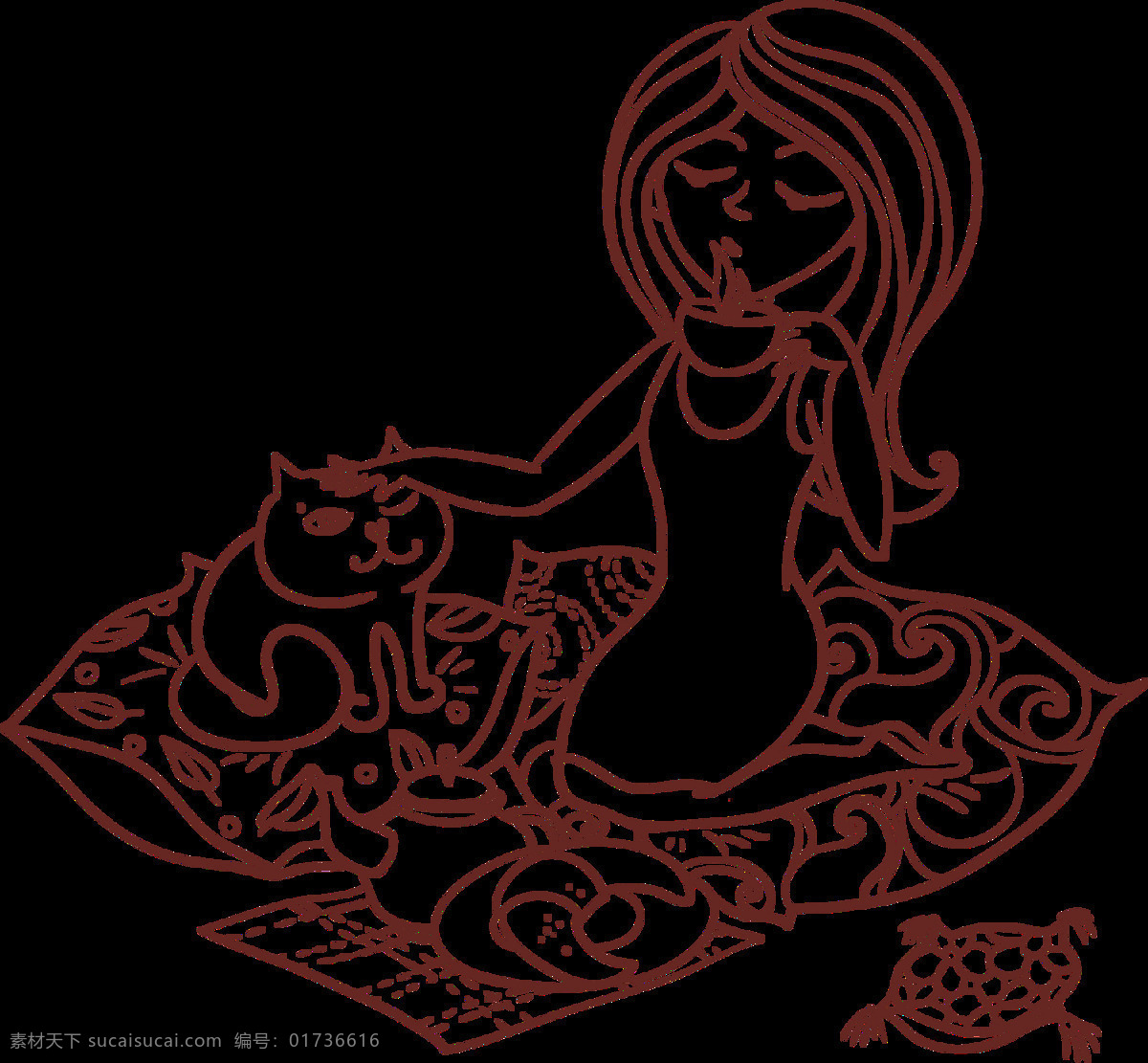 手绘 卡通美女 小猫 元素 花纹 美女 免扣 透明