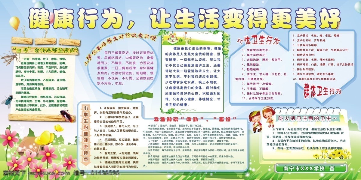 健康展板 四害 合传 播 疾病 小学 生养 好 良好 习惯 小学生 心理健康 特点 卫生知识四勤 五好 个体卫生行为 群体卫生行为 学校展板 板报 展板模板 广告设计模板 源文件